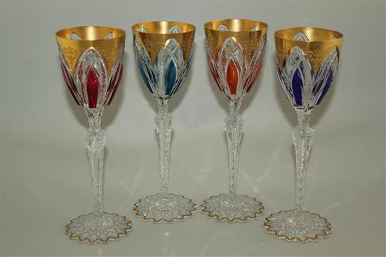 A set of four St Louis colour flash and cut hock glasses, 20th century, 22.5cm